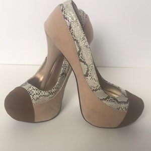 Brown, tan and snake skin heels